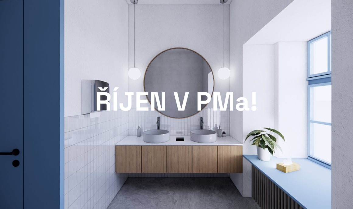 Promotional banner over a modern bathroom with double sinks, round mirror, and blue accents; text says 'ŘÍJEN V PMa!'