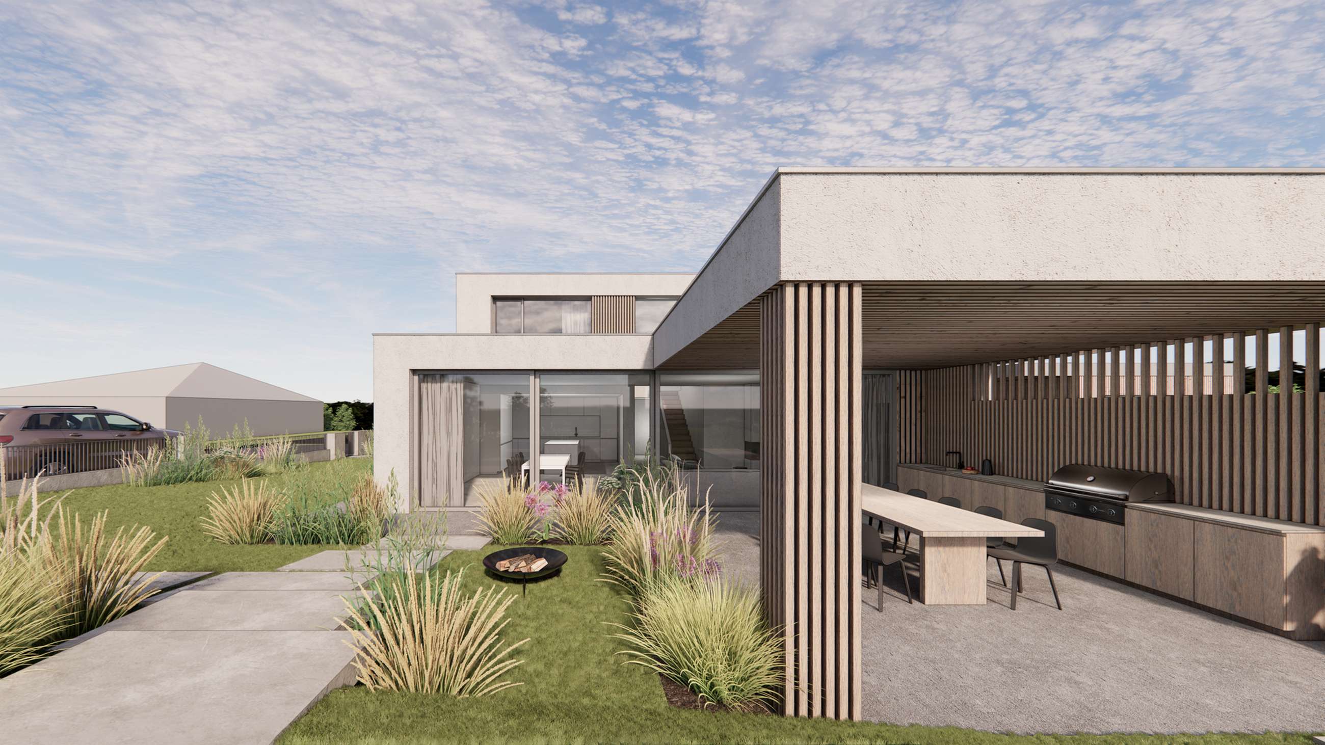Modern contemporary house exterior with a covered outdoor kitchen and vertical wooden slats.