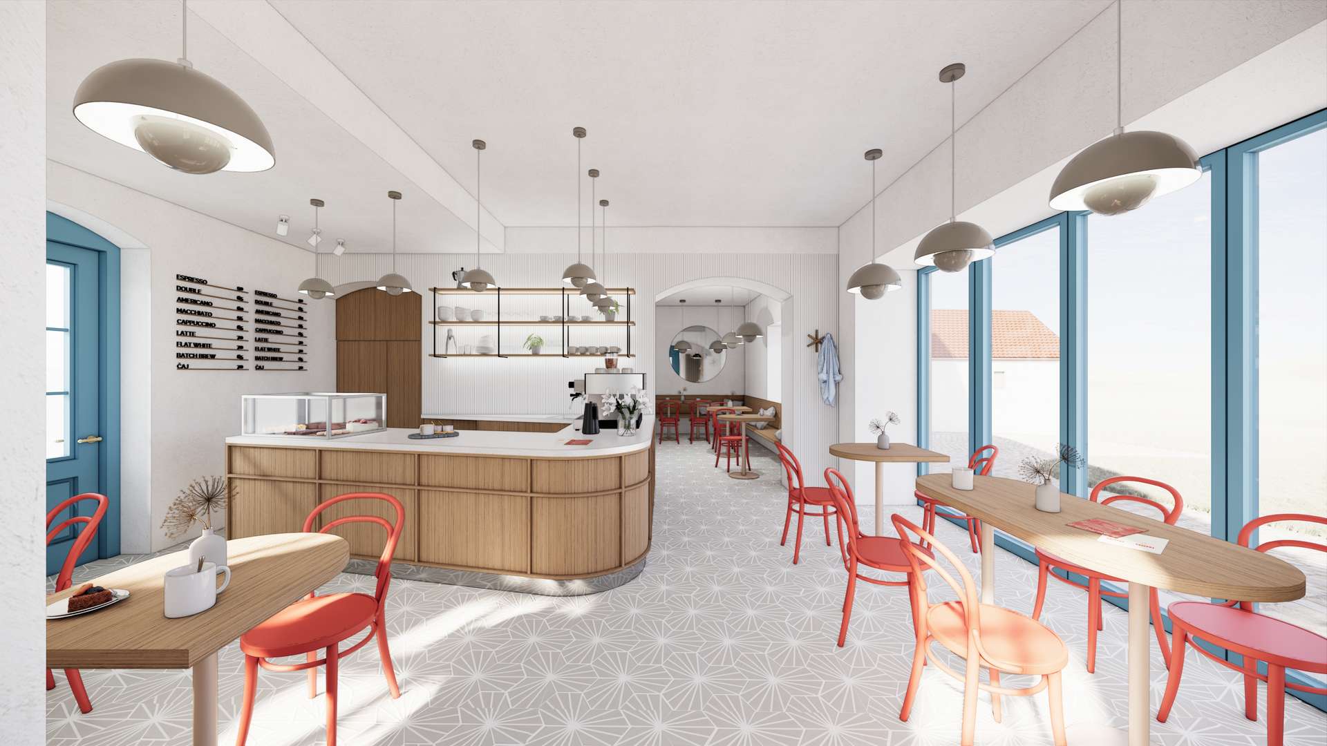Modern cafe interior with a curved wooden service counter, red chairs, and large daylight-filled windows along the walls.