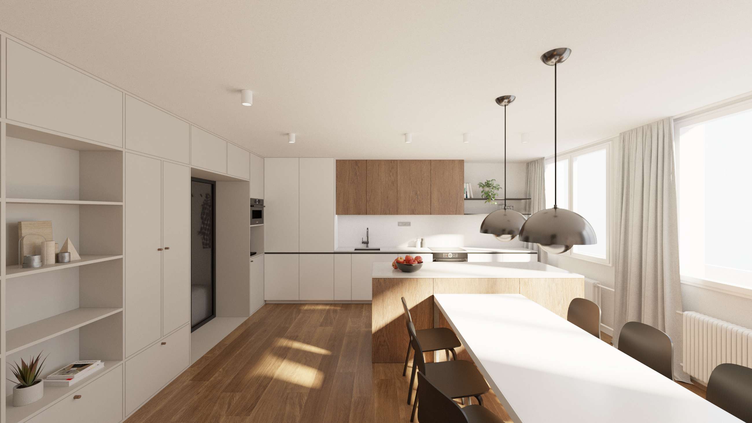 Modern open-plan kitchen with white cabinets, wooden accents, and a long white island table with dark chairs under pendant lights.
