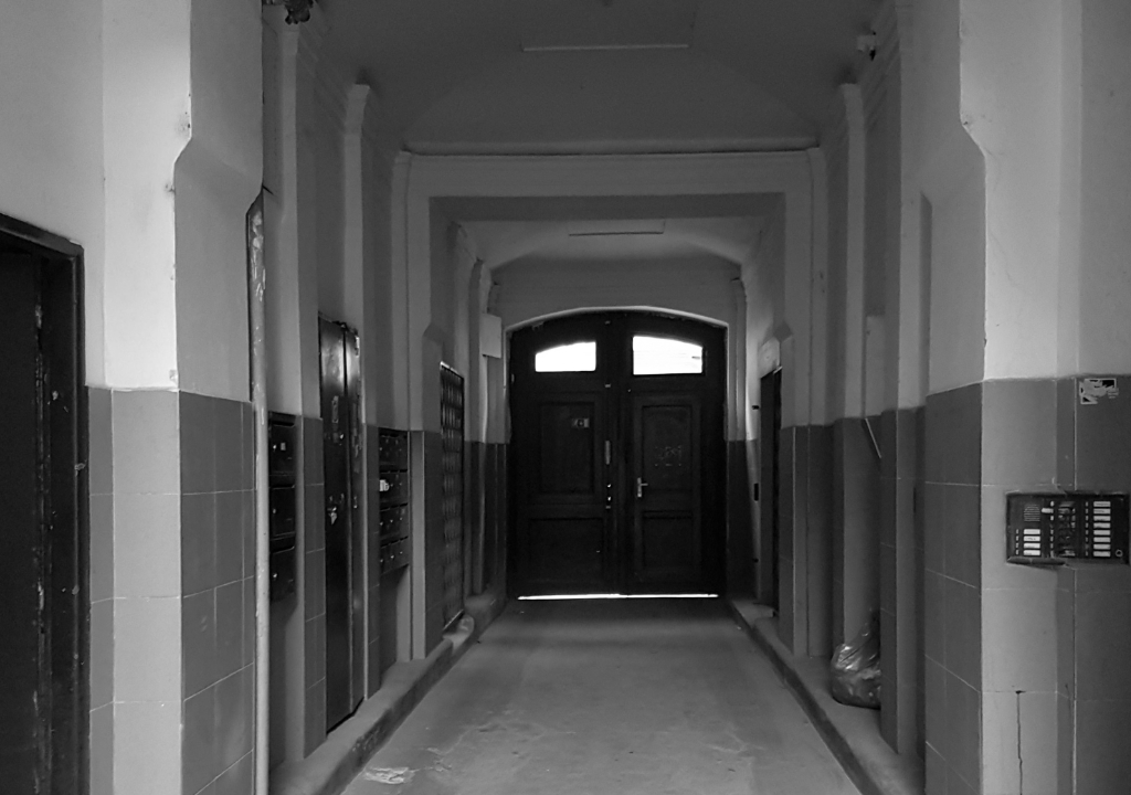 Dim grayscale hallway of an old building with arched ceiling and double doors at the far end, light filtering through a window above the door.