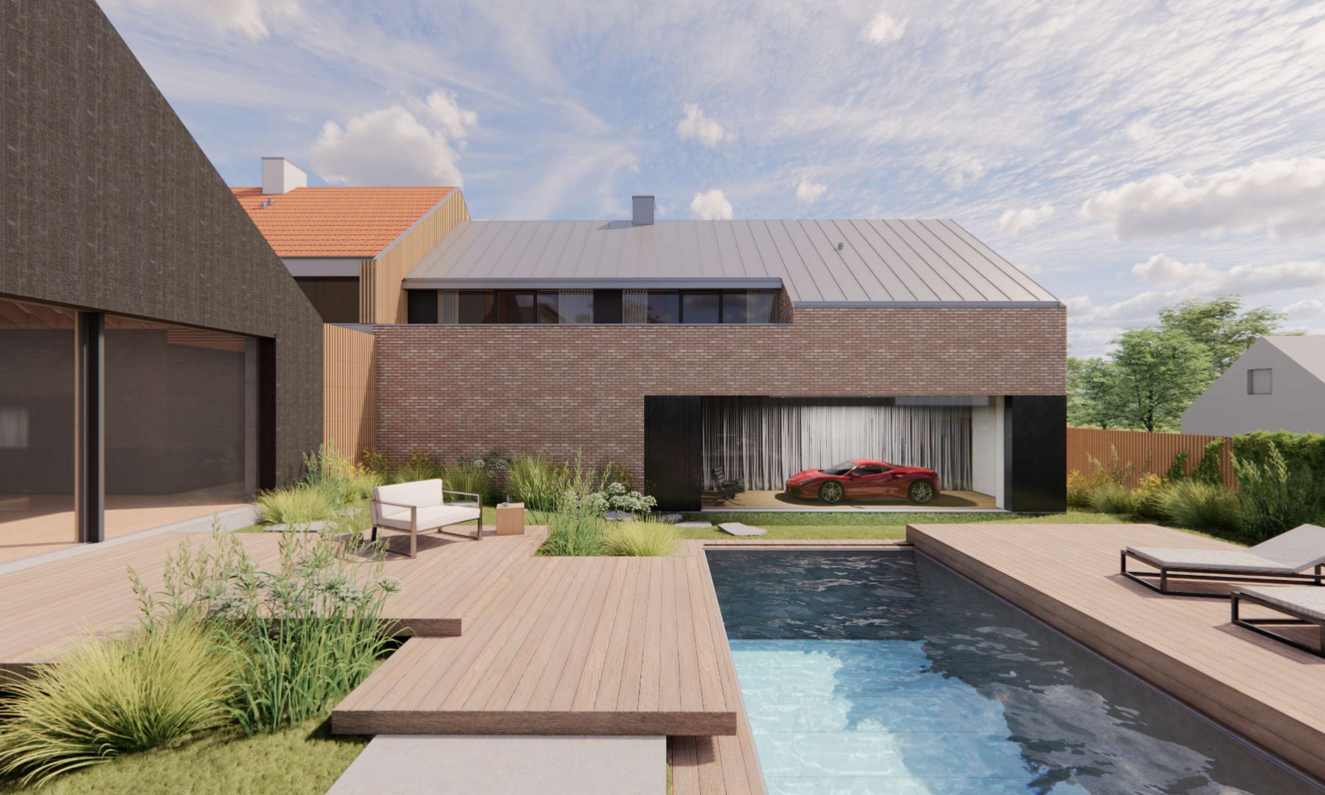 Contemporary backyard of a brick house with a rectangular pool, wooden deck, and lounge seating under a blue sky.
