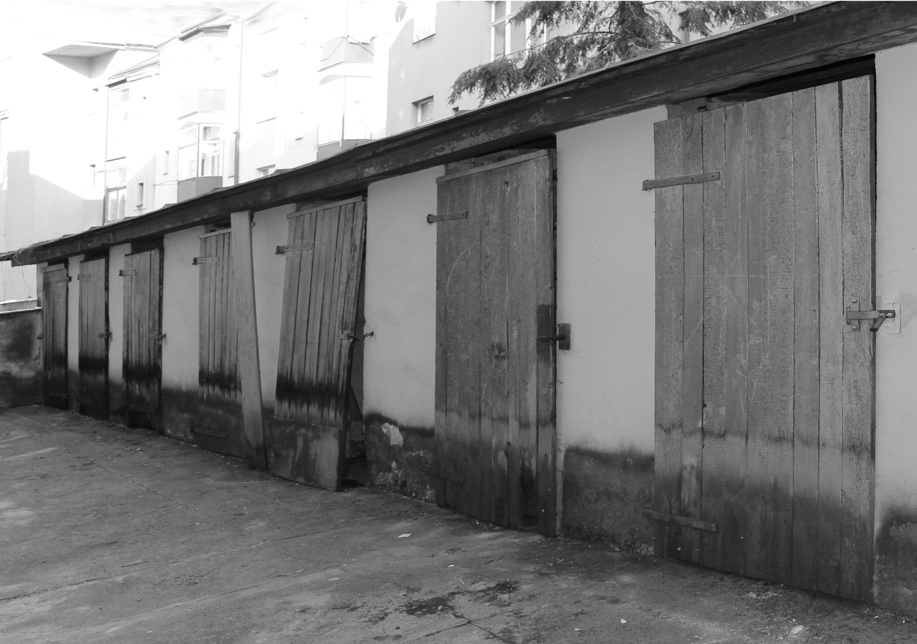 Line of weathered wooden shed doors along a concrete wall in an urban alley; black and white photo.