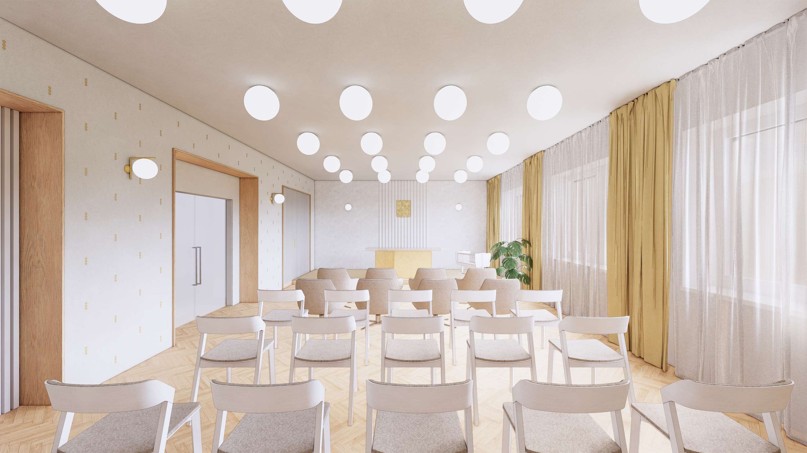 Bright conference room with beige walls, rows of white chairs facing a small gold podium on a stage.