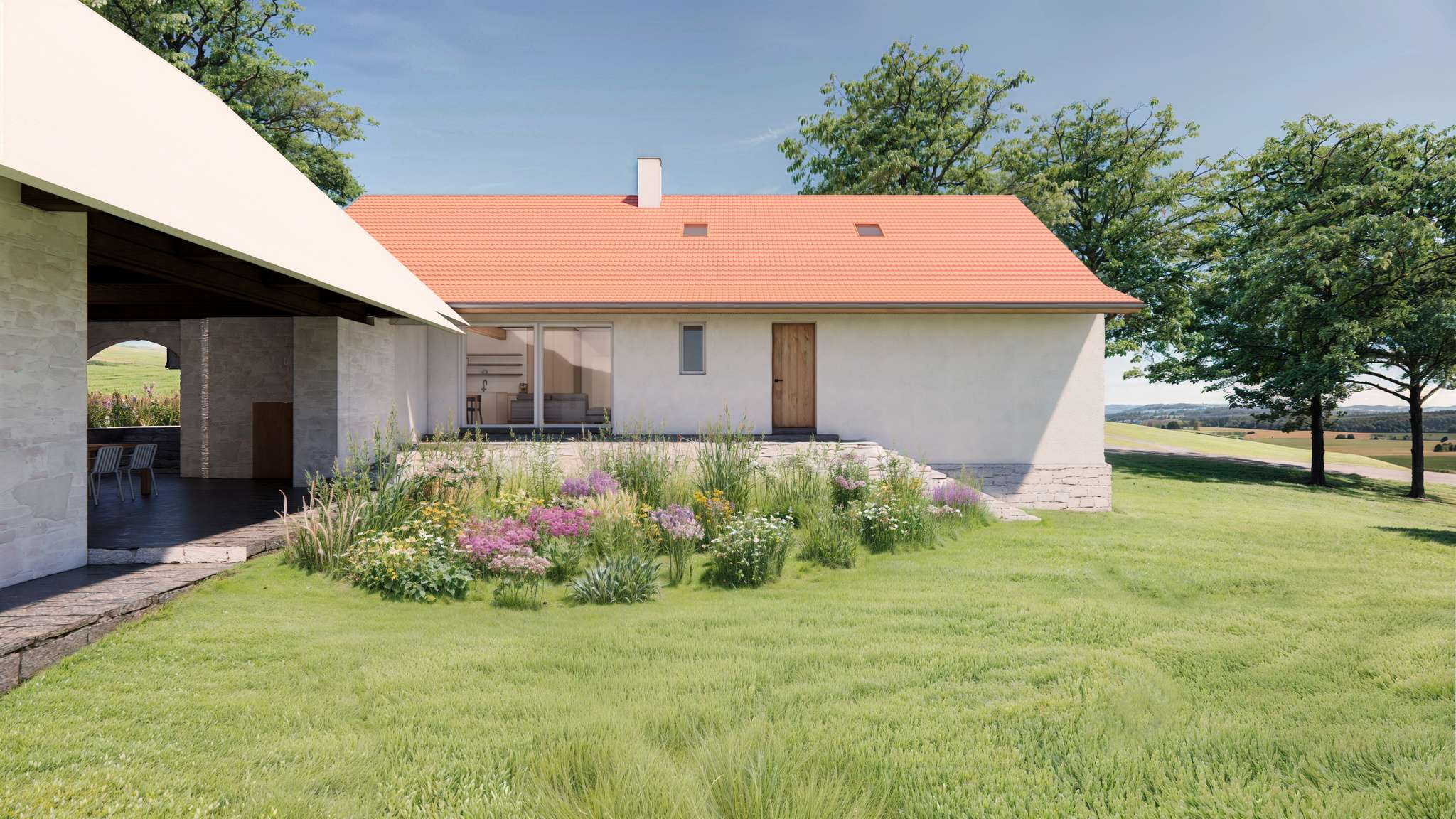 Modern single-story house with a red tile roof, glass doors open to a living area, and a colorful garden in the foreground.